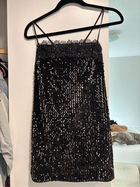 Free People Black Sequin Lace-Trim Slip Skirt